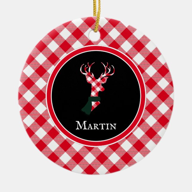 Chic Reindeer Red & White Plaid Personalised Ceramic Ornament (Front)