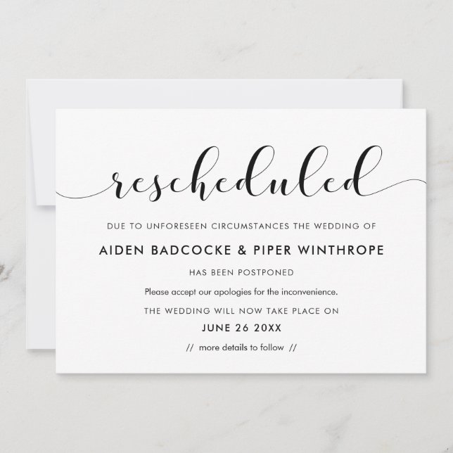 Chic rescheduled wedding date update invitation (Front)