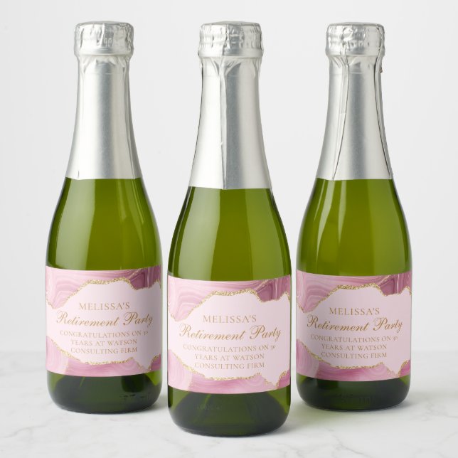 Chic Retirement Party Pink Gold Agate Custom Mini Sparkling Wine Label (Bottles)