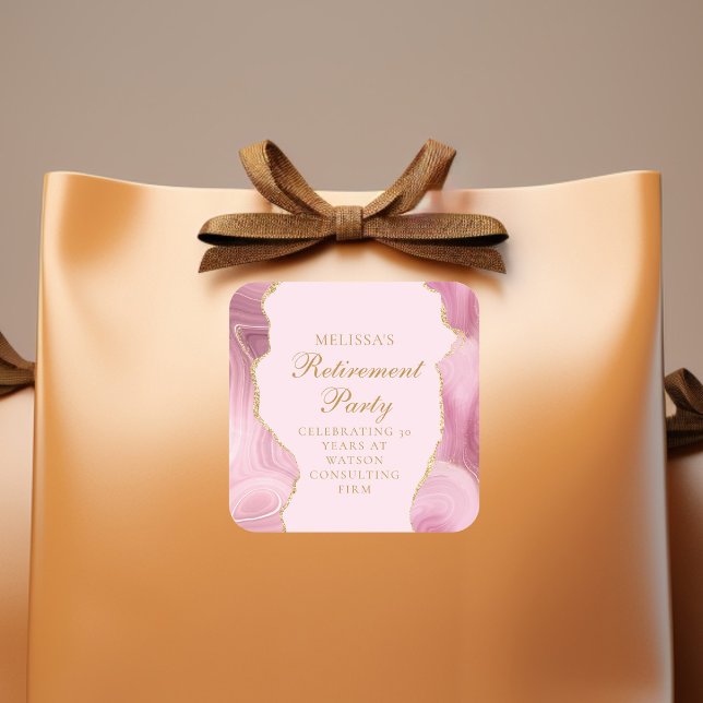 Chic Retirement Party Pink Gold Agate Custom Square Sticker (Creator Uploaded)