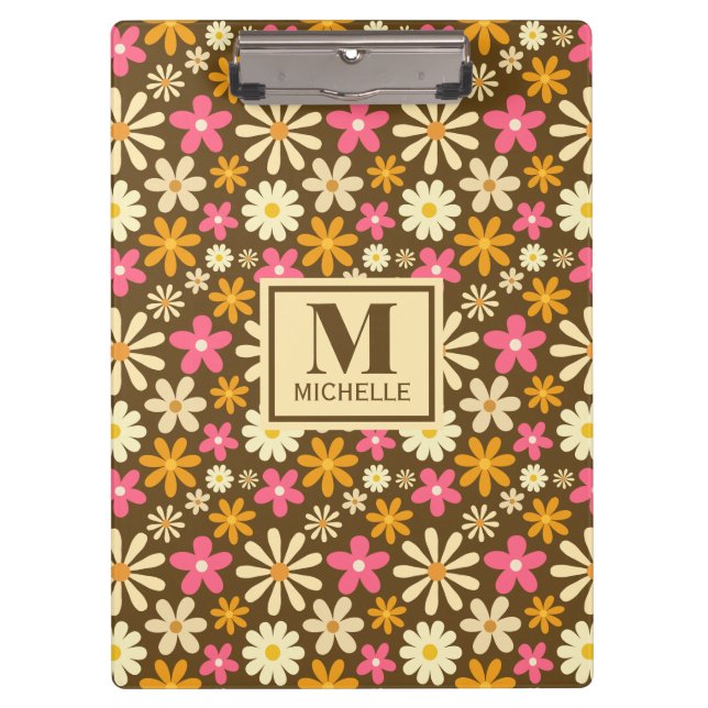 Chic Retro 70s Groovy Hippie Flower Monogram Clipboard (Front)