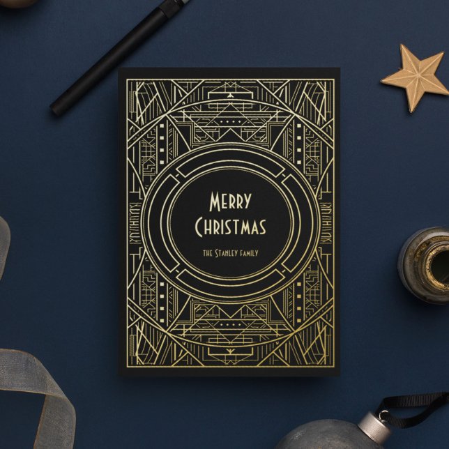 Chic Retro Art Deco Merry Christmas Black and Gold Foil Holiday Card (Creator Uploaded)