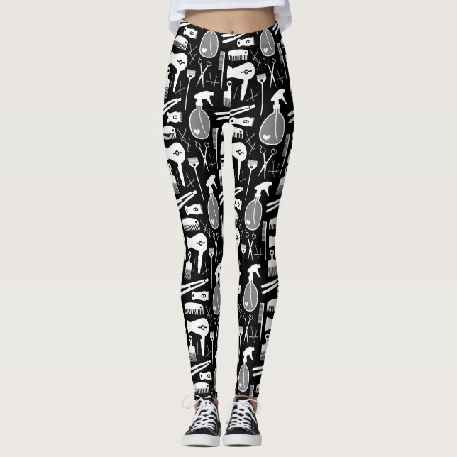 Chic Retro Black & White Hair Salon Tools Pattern Leggings (Front)