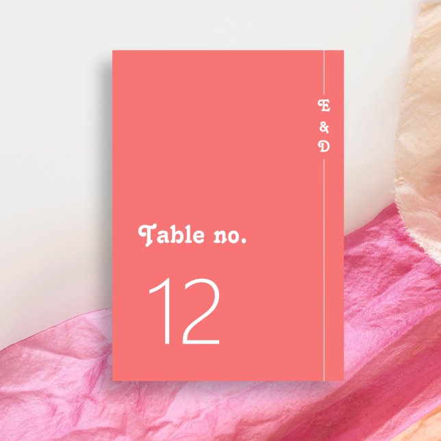 Chic Retro Bright Coral Pink Monogram Wedding Table Number (Creator Uploaded)