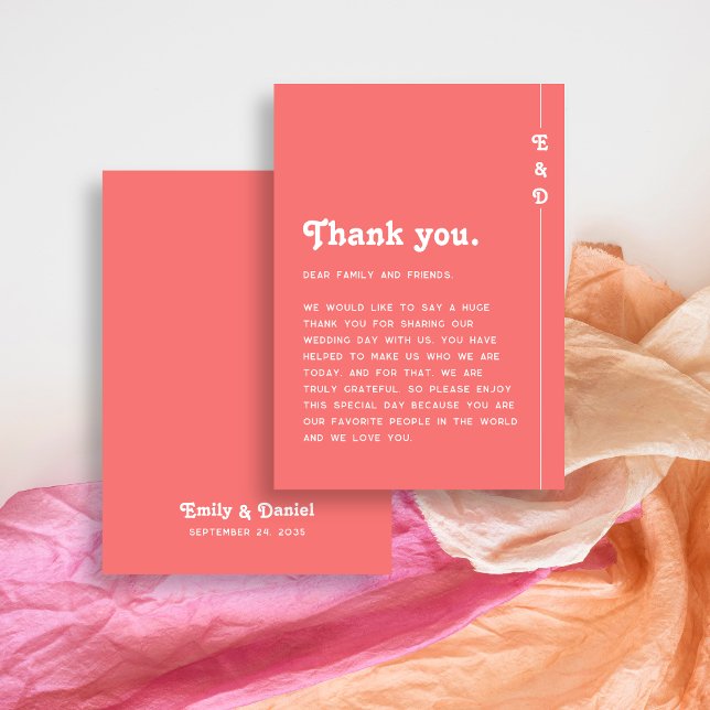 Chic Retro Bright Coral Pink Wedding Thank You Place Card (Creator Uploaded)