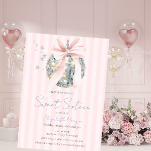 Chic Retro Disco Ball Bow Pink Stripe Sweet 16 Invitation