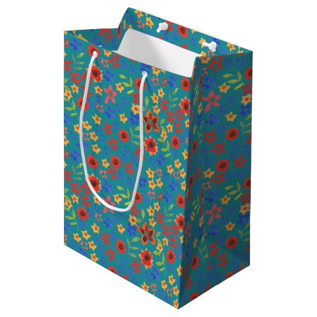 Chic Retro Ditsy Floral on Teal Medium Gift Bag (Front Angled)