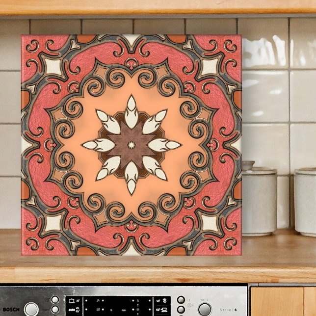 Chic Retro Floral Mediterranean Geometric Tile (Abstract design tile showing a geometric floral pattern inspired by Mediterranean art in terracotta)