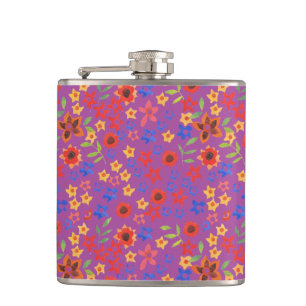 Chic Retro Floral Mini-print on Magenta Hip Flask