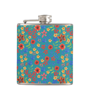 Chic Retro Floral Miniprint on Teal Hip Flask