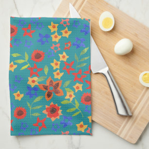 Chic Retro Floral Miniprint on Teal Kitchen Towel
