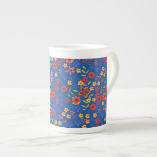 Chic Retro Floral Print on Blue Bone China Mug