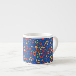 Chic Retro Floral Print on Blue Espresso Mug