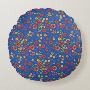 Chic Retro Floral Print on Blue Round Pillow
