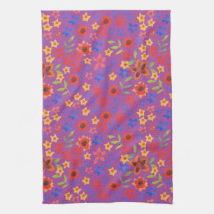 Chic Retro Floral Print on Magenta Kitchen Towel