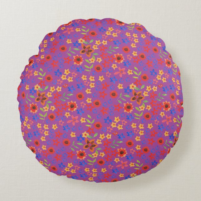 Chic Retro Floral Print on Magenta Round Pillow (Front)