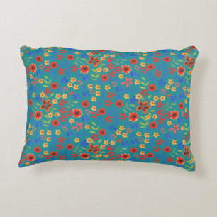 Chic Retro Floral Print on Teal Accent Pillow