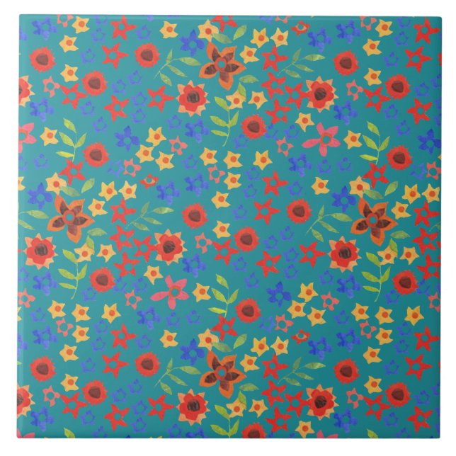 Chic Retro Floral Print on Teal Ceramic Tile (Front)