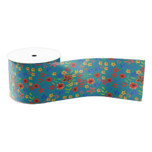 Chic Retro Floral Print on Teal Grosgrain Ribbon
