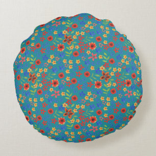 Chic Retro Floral Print on Teal Round Pillow