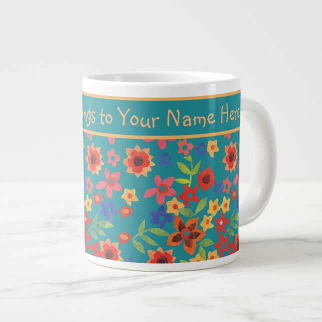 Chic Retro Floral Prints on Teal Custom Jumbo Mug (Front Right)