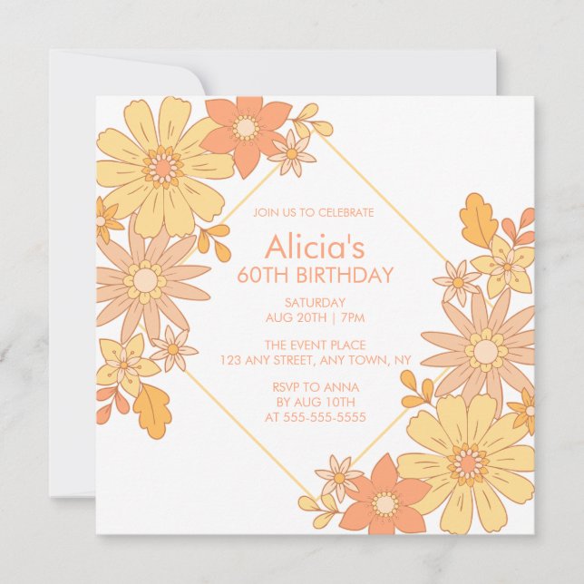 Chic Retro Hippie Orange Peach Flora 60th Birthday Invitation (Front)