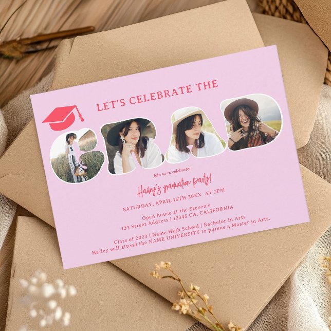 Chic Retro hot pink 3 photos script graduation Invitation (Chic Retro hot pink 3 photos script graduation Invitation)