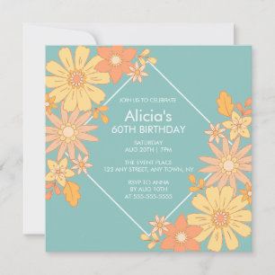 Chic Retro Orange Peach Flora Green 60th Birthday Invitation