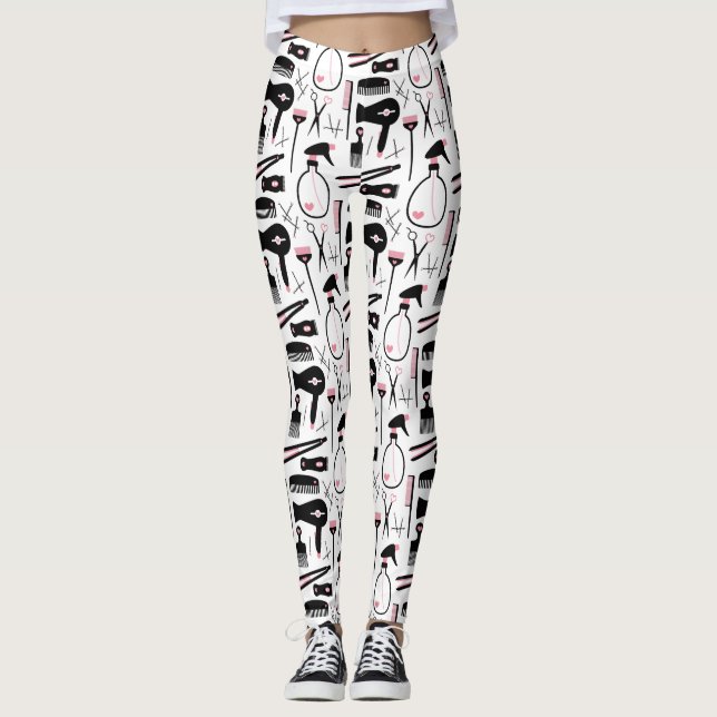 Chic Retro Pink Black Hair Salon Tools Leggings (Front)