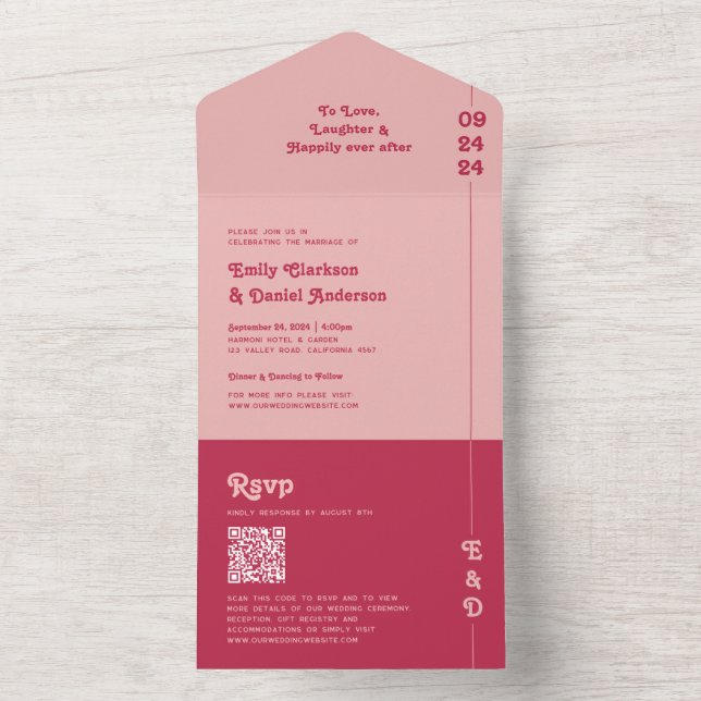 Chic Retro Pink & Blush Monogram QR Code Wedding All In One Invitation (Inside)