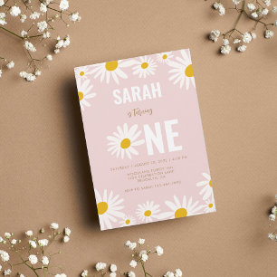 Chic Retro Pink Daisy Flower 1st Birthday Invitation
