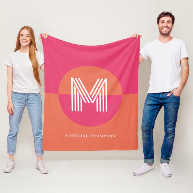 Chic Retro Pink Orange Geometric Modern Monogram Fleece Blanket (In Situ)