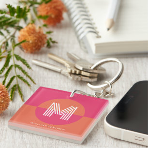 Chic Retro Pink Orange Geometric Modern Monogram Key Ring