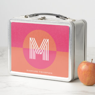 Chic Retro Pink Orange Geometric Modern Monogram Metal Lunch Box