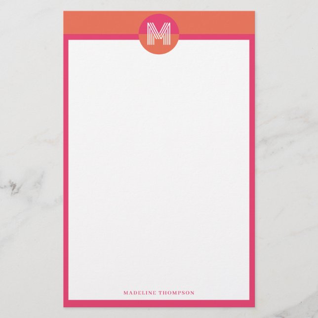 Chic Retro Pink Orange Geometric Modern Monogram Stationery (Front)