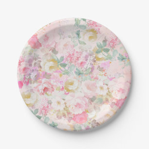 Chic retro pink white watercolor floral pattern paper plate