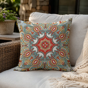 Chic Retro Red Turquoise Teal Kaleidoscope Pattern Cushion