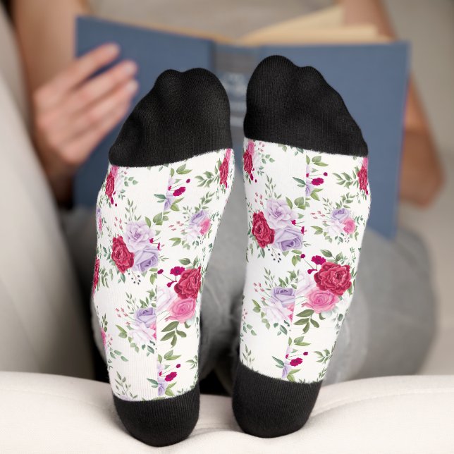 Chic retro Spring Style red purple Floral Pattern Socks (Bottom)