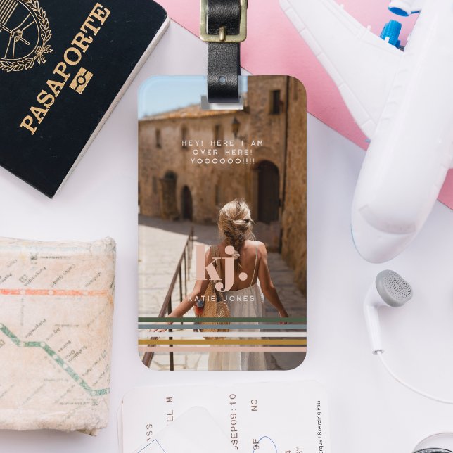 Chic Retro Stripes Monogram & Photo Luggage Tag (Creator Uploaded)