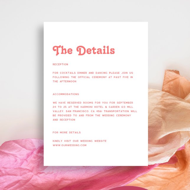 Chic Retro Summer Coral Pink Wedding Details Enclosure Card (Creator Uploaded)