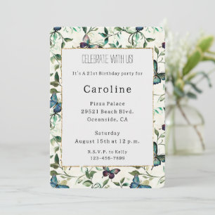 Chic Romantic Blue Butterflies Birthday   Invitation