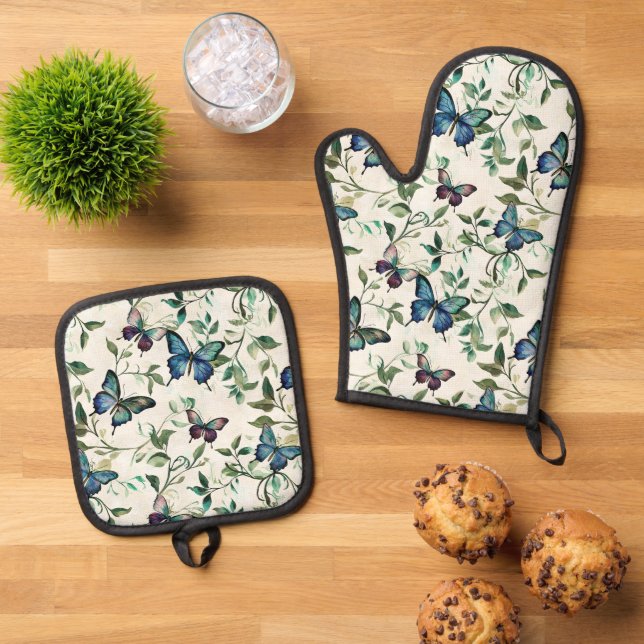 Chic Romantic Blue Butterflies Bridal Shower Oven Mitt & Pot Holder Set (Top Down)