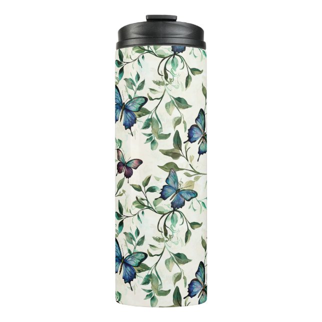 Chic Romantic Blue Butterflies Bridal Shower Thermal Tumbler (Front)