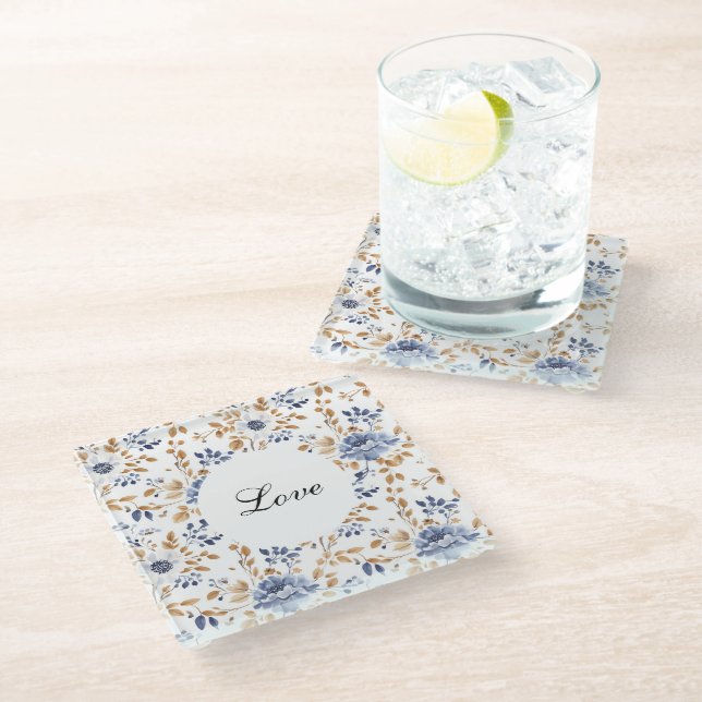Chic Romantic Blue White Floral Wedding Glass Coaster (Angled)