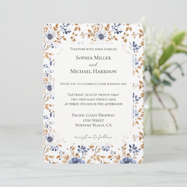 Chic Romantic Blue White Floral Wedding Invitation (Standing Front)