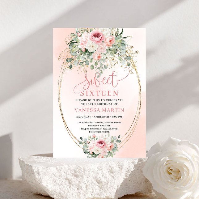 Chic Romantic Blush and Gold Sweet Sixteen Floral Invitation (Romantic Blush and Gold Sweet Sixteen Floral Invite)