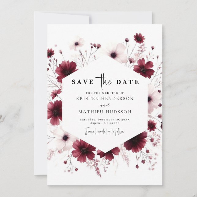 Chic Romantic Burgundy Wedding Save The Date (Front)