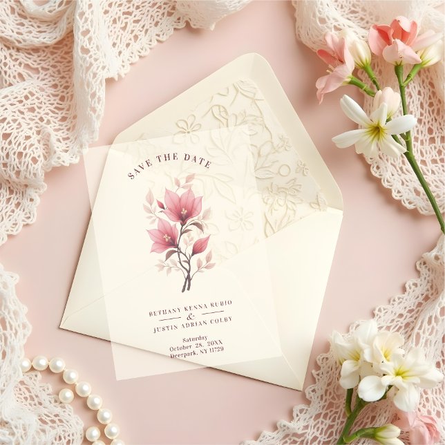 Chic Romantic Floral Botanical Posy in Pink Vellum Invitations (Chic Romantic Floral Botanical Posy in Pink Vellum Overlay Papers for Wedding Save the Date Cards.)