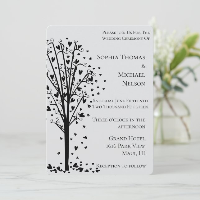 Chic Romantic Hearts Tree Grey Wedding Invitation (Standing Front)