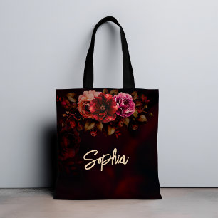 Chic romantic moody red black floral wedding tote bag